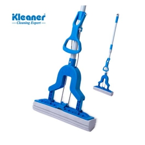 Blue adjustable mop with wide microfiber head and long handle, Kleaner Cleaning Expert logo visible in corner.