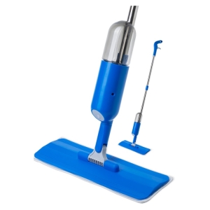 Blue spray mop with a long silver handle and flat rectangular mop head on a white background, ready to clean in blue.