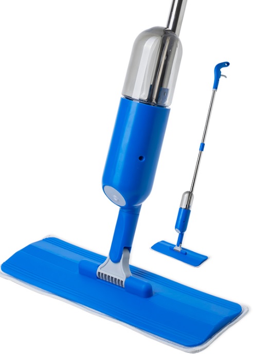 GSA014 - Computech-Solutions Blue spray mop with a long silver handle and flat rectangular mop head on a white background, ready to clean in blue.