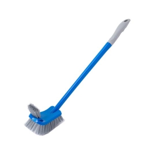 Blue plastic scrub brush with gray bristles and a long blue handle for cleaning surfaces and tiles.