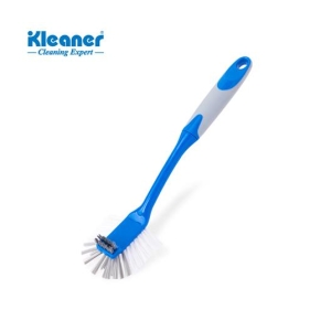 Blue and white dish cleaning brush with a curved handle and white bristles; Kleaner Cleaning Expert logo visible in the corner.
