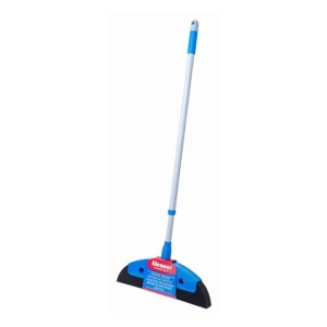 Blue and black floor squeegee with a long adjustable white handle and a blue head, displaying a product label.