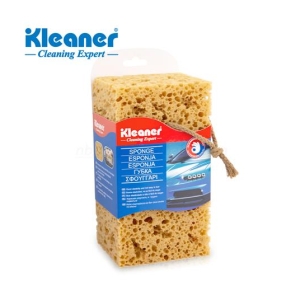 GSW002 - Computech-Solutions Kleaner cleaning sponge with blue and red packaging, hanging tag, beige porous sponge shape. Used for cleaning surfaces.
