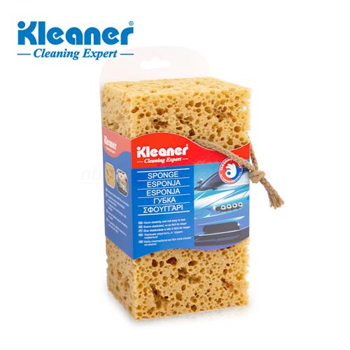 GSW002 - Computech-Solutions Kleaner cleaning sponge with blue and red packaging, hanging tag, beige porous sponge shape. Used for cleaning surfaces.