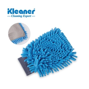 Blue microfiber chenille cleaning mitt with Velcro strap; close-up inset shows textured fibers and the Kleaner Cleaning Expert logo in the corner.