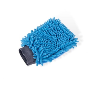 Blue microfiber wash mitt with a dark cuff, designed for cleaning cars and surfaces.