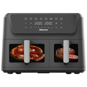 Front view of a dark-gray Hisense toaster oven with two doors, each displaying a pepperoni pizza in the glass windows and metal handles in the foreground.
