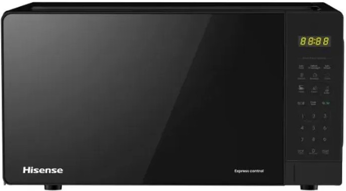 Black Hisense microwave oven with a right-side control panel and digital clock display showing 8:88:8.
