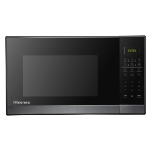 Black Hisense microwave oven with a digital display and keypad on the right side of the front panel.