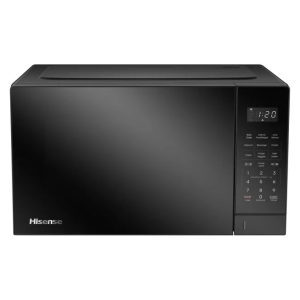 Black Hisense microwave with a right-side control panel and digital clock display on the door side.