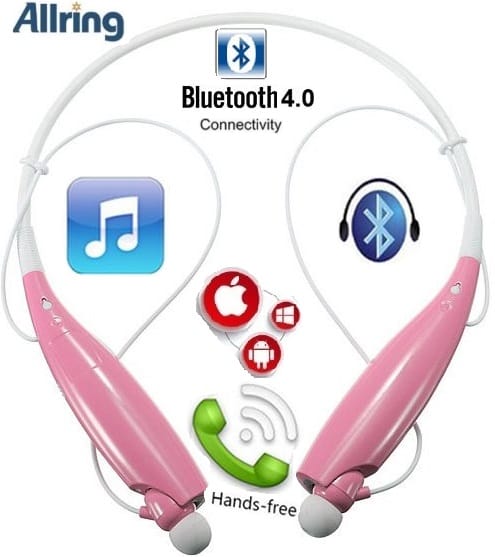HBS-730-PNK - Computech-Solutions Pink wireless neckband headset showing Bluetooth 4.0 connectivity, music icon, headset icon, and device logos (Apple, Android, Windows) for hands-free use.