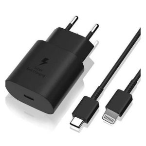 Black wall charger with two attached cables (USB-C and Lightning) and a 'Super fast charging' label on the body.