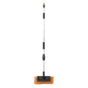 Telescopic broom with orange bristle head and black ergonomic grips
