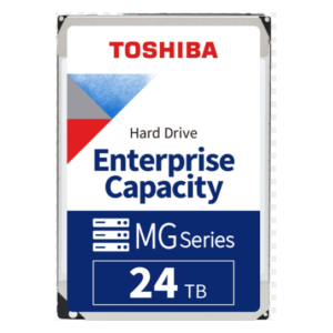 Toshiba Enterprise Capacity MG Series hard drive label, indicating 24 TB capacity, with blue and white design and red Toshiba logo.