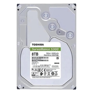 Toshiba Surveillance S300 8TB internal hard drive, label shows 7200 rpm and 256 MB cache.
