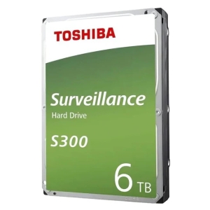 Toshiba Surveillance Hard Drive S300, 6 TB, green label on a metal drive casing.