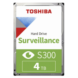 Toshiba surveillance hard drive label: S300, 4 TB capacity, green panel with eye icon.