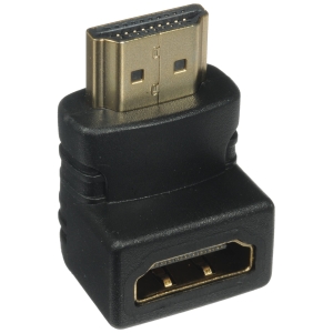 Close-up of a gold-plated HDMI connector (male) plugged into a black adapter body.