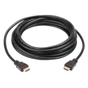 Black HDMI cable coiled with two HDMI connectors at each end (gold-plated).