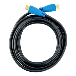 Coiled HDMI cable with blue connectors (HDMI to HDMI) on a white background