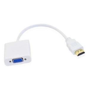 White HDMI-to-VGA adapter: HDMI male plug connected to a VGA female port on a small white box.