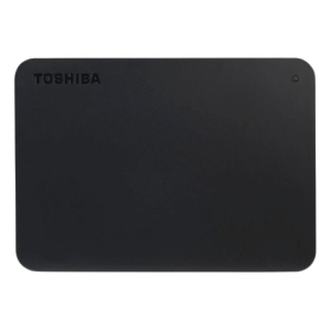 Black Toshiba portable external hard drive with rounded corners and a small status LED