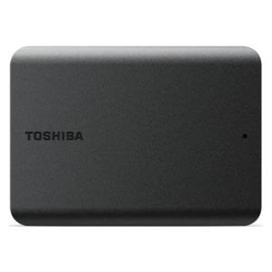 Back view of a black Toshiba external hard drive with rounded corners and a small status LED on the right side.