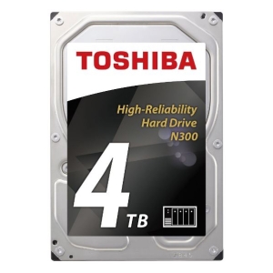 Toshiba 4 TB hard drive with a High-Reliability Hard Drive N300 label on a metallic enclosure.