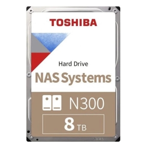 Toshiba N300 NAS hard drive, 8 TB, white label with red Toshiba logo and beige lower panel.