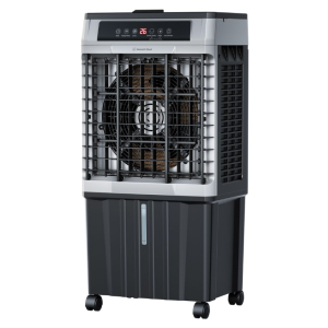 Portable pedestrian cooler or air cooler on wheels with a protective front grille and visible large fan behind the grille. The unit has a dark base and control panel at the top.