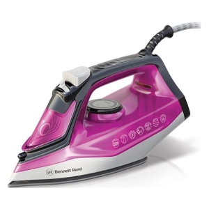 HIR205 - Computech-Solutions Pink and white steam iron with a transparent water reservoir and control buttons, angled for use on a shirt.