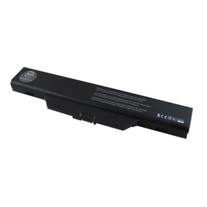 Black laptop battery with connector port and labels, shown at a slight angle on a white background.