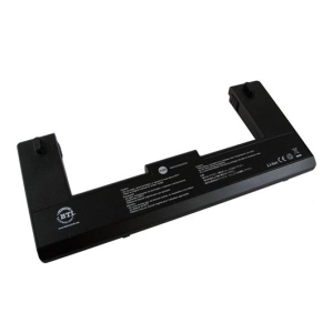 Black laptop battery with two adjustable ends on a white background, shown at an angle