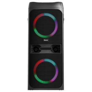 Tall black speaker system with two large RGB-lit circular rings on each speaker and a Hisense logo between them.