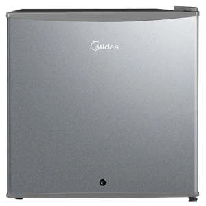 Silver Midea mini fridge seen from front with a small control knob at the bottom center of the door.
