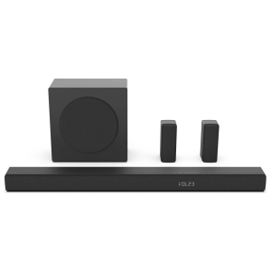 Home theater system with a long soundbar, a large subwoofer, and two tall satellite speakers on a white background.