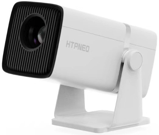 HTPH69 - Computech-Solutions White portable projector mounted on an adjustable white stand with a black lens housing, angled to the left.
