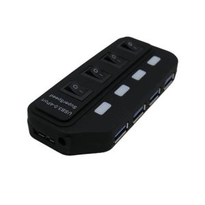 Black USB 3.0 hub with four ports on the side and four top rocker switches for per-port power control.
