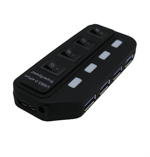 HUB009 - Computech-Solutions Black USB 3.0 hub with four ports on the side and four top rocker switches for per-port power control.