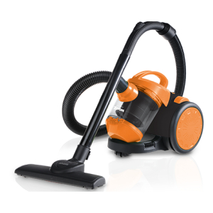 Canister vacuum cleaner with orange accents and flexible hose attached to the wand