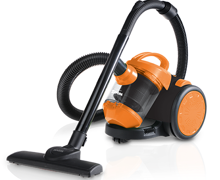 HVC101 - Computech-Solutions Canister vacuum cleaner with orange accents and flexible hose attached to the wand