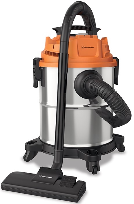 HVC220 - Computech-Solutions Shop vacuum cleaner with orange top and stainless steel canister, attached flexible hose and floor nozzle on wheels.