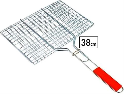 HX9547-2 - Computech-Solutions 38 cm stainless steel grill basket with a red-handled handle, used to grill and flip small foods.