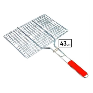 Wire grill basket with red handle used for flipping foods on a barbecue; length shows 43 cm.