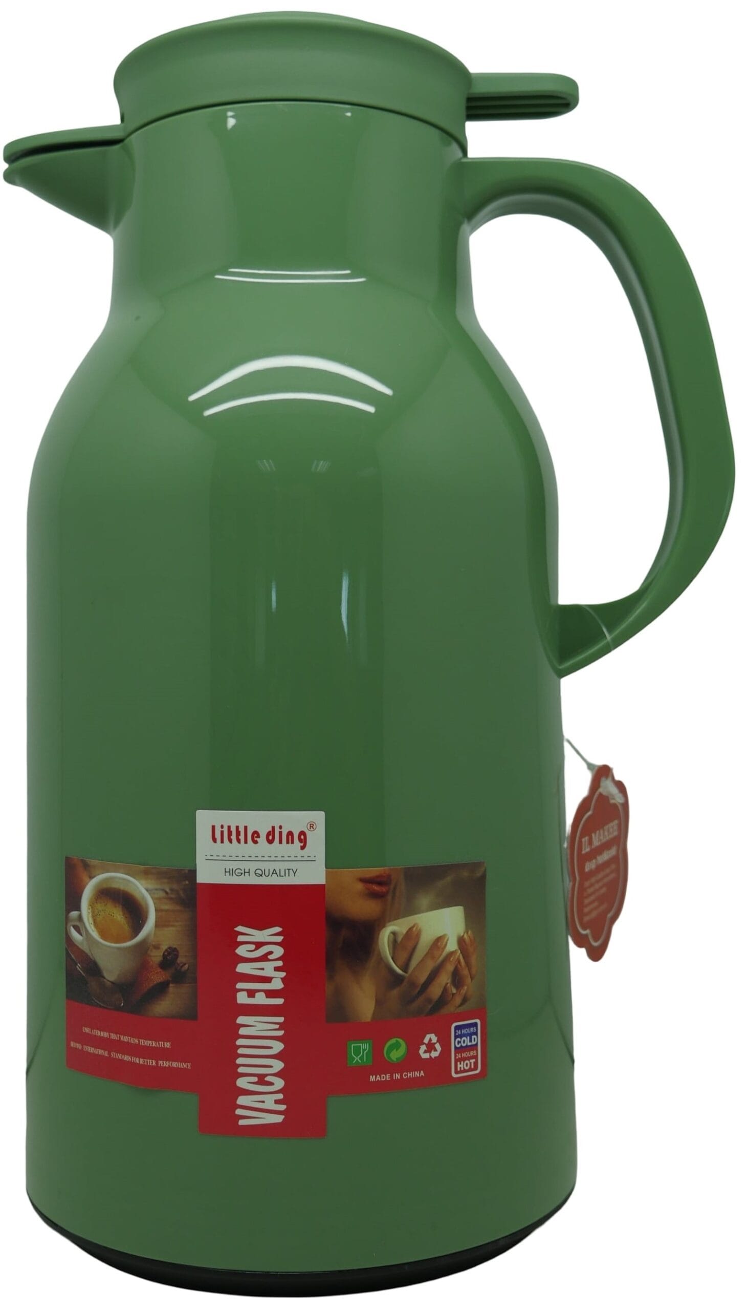 HXA3173GRN ComputechSolutions Green vacuum flask with a curved handle and spout lid, shown as a product photograph with a red label on the body.
