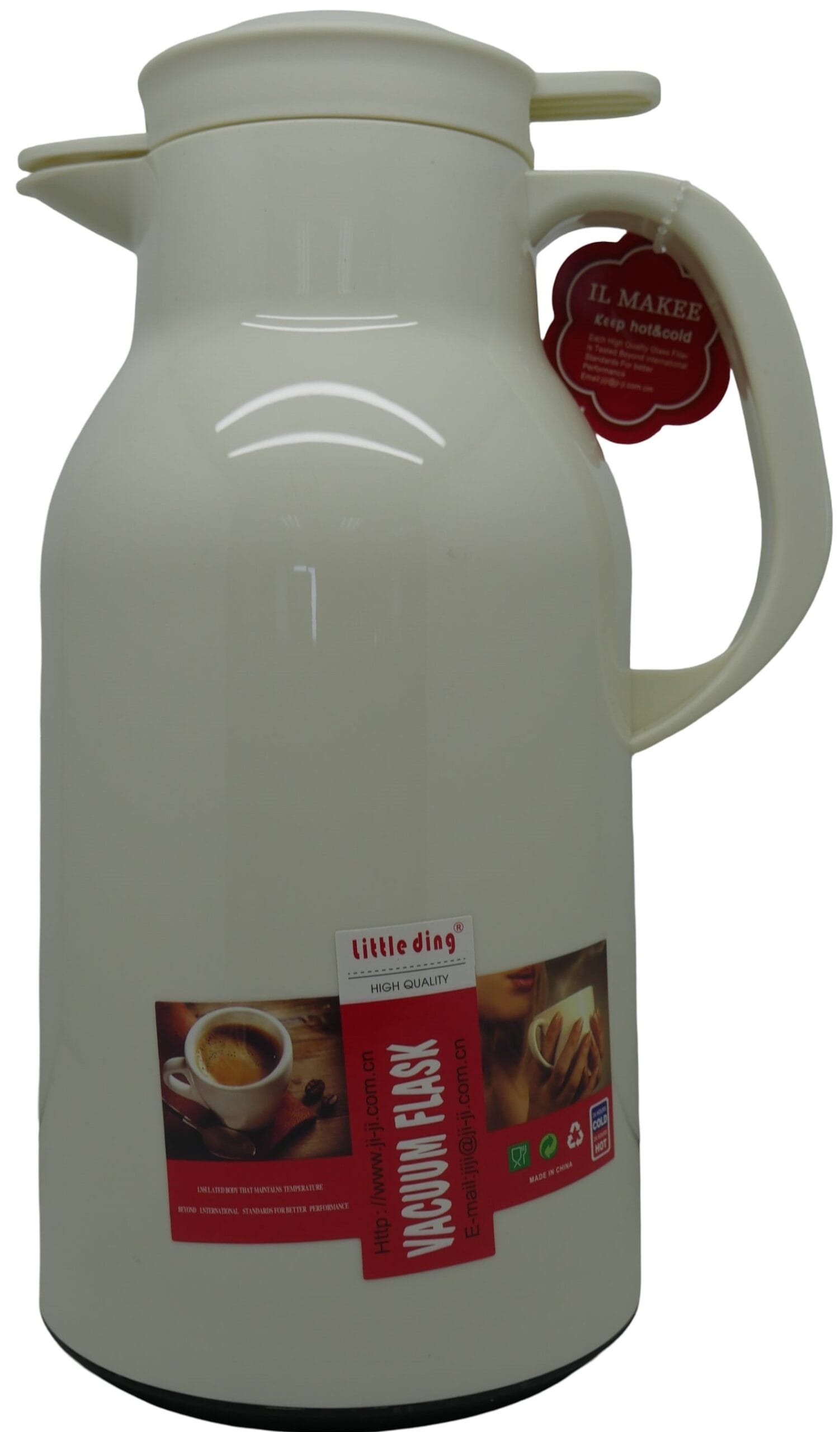 HXA-3173-WHT - Computech-Solutions White insulated coffee carafe with a curved handle and lid, displaying a red promotional tag on the side