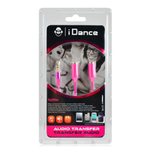 Packaging for iDance audio transfer splitter showing three pink 3.5mm jacks on the front.