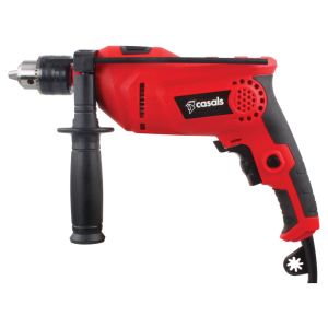 Red handheld corded drill with a black auxiliary handle and grip on a white background