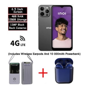 Promo collage for an INOI smartphone: 6.5-inch screen, 4GB RAM, 128GB storage, 13MP rear cameras; 4G LTE logo; caption notes includes wireless earbuds and a 10,000mAh power bank, with images of the earphones and a blue wireless earbud case.
