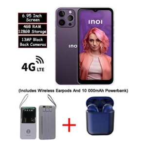 Promo image for INOI smartphone bundle: 6.95 inch screen, 4GB RAM, 128GB storage, 13MP back cameras, wireless earbuds, and 10,000mAh power bank.